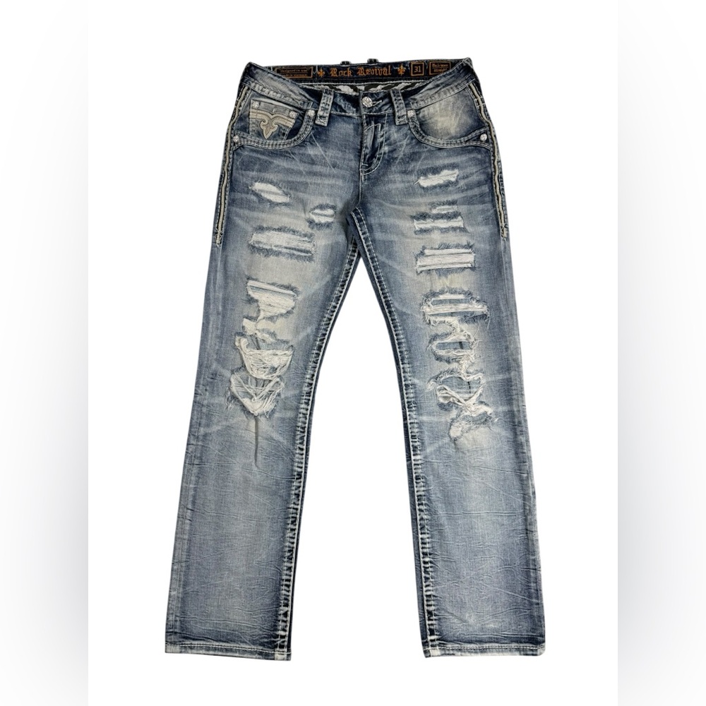 Rock Revival Men Baldwen Straight Jean Sz 31 Distressed Embroidered Pocket Denim